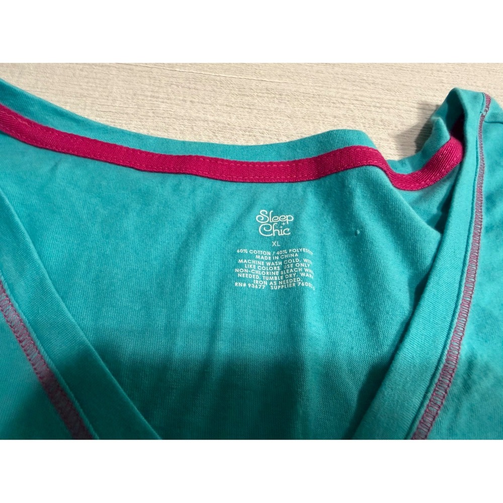 Sleep Chic Women's XL Turquoise Blue Pink Trim Henley Long Sleeve Pajama Top - Picture 2 of 8